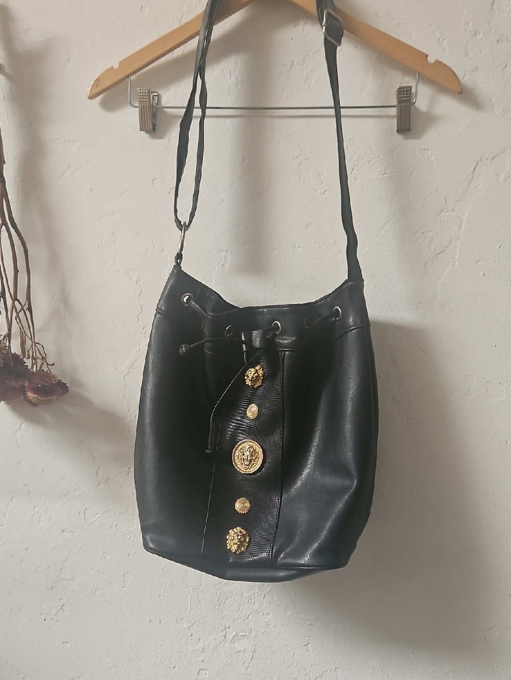 Vintage Black Women's Bucket Bag with Gold Accents